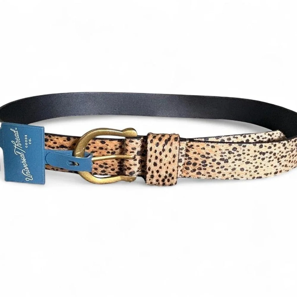 Universal Thread animal print faux hide hair fur belt with gold buckle 46
